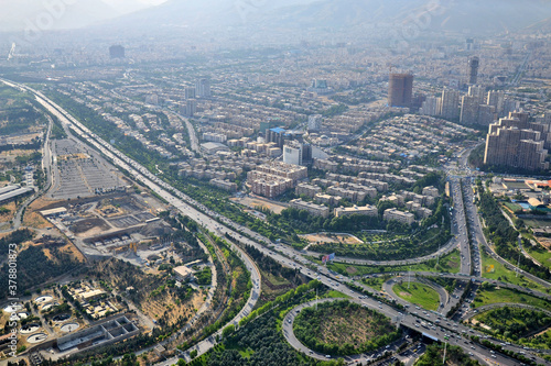 View of the city, highway and surrounding houses from the Milad Tower (Borj-e Milad) in Tehran. Milad Tower is the most important monument of Tehran after the Azadi Monument.