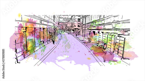 Building view with landmark of Banja Luka is the second largest city in Bosnia and Herzegovina. Watercolor splash with hand drawn sketch illustration in vector.