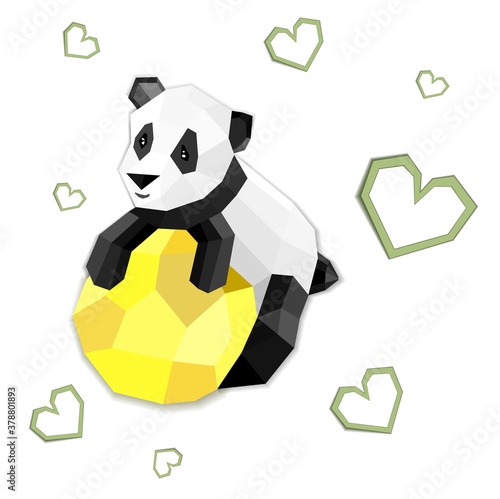 Vector illustration of a beautiful black and white panda with yellow ball with green hearts for modern childish and web design  low poly style. Origami style of bamboo bear.