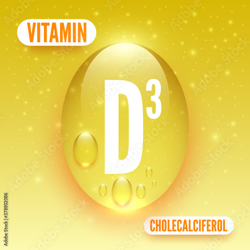 Packaging design for vitamin complex. Vitamin D3 capsule. Shiny golden oil drop. Vector illustration.