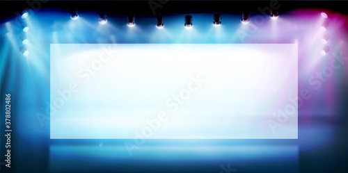 Large screen on the stage. Free space for advertising or displaying products. Show in art gallery. Colorful background. Vector illustration.