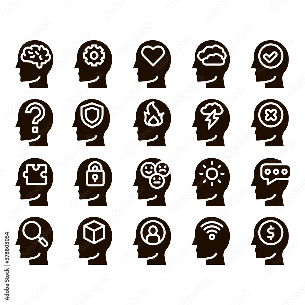 Mind Collection Elements Signs Vector Icons Set Thin Line. Gear And Brain Mind, Heart And Shield, Padlock And Coin Marks in Man Head Silhouette Glyph Pictograms Black Illustrations Mind Collection Elements Signs Vector Icons Set Thin Line. Gear And Brain Mind, Heart And Shield, Padlock And Coin Marks in Man Head Silhouette Glyph Pictograms Black Illustrations