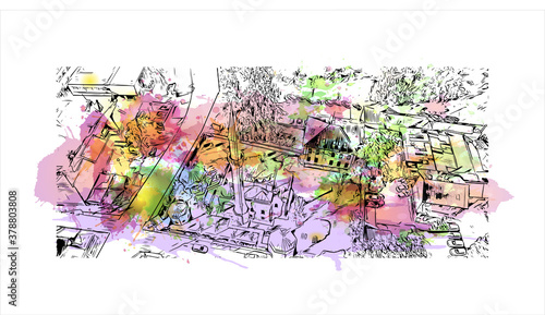 Building view with landmark of Banja Luka is the second largest city in Bosnia and Herzegovina. Watercolor splash with hand drawn sketch illustration in vector.