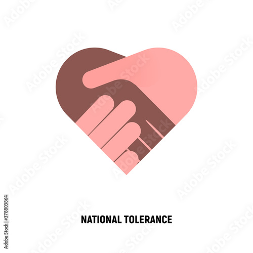 National tolerance flat icon. Handshake in heart shape. Multicultural cooperation, antiracism, integration in society. Vector illustration.