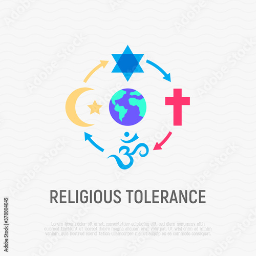 Religious tolerance flat icon, interfaith respect. Modern vector illustration of peace and understanding between islam, christianity, buddhism and judaism.