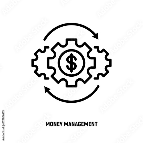 Money management thin line icon. Investment, financial circulation, financial operating, income from funds. Gear with arrows. Vector illustration.