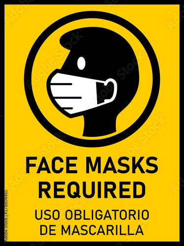 Vertical Bilingual Warning Sign in English and Spanish with Phrases "Face Masks Required" and "Uso Obligatorio de Mascarilla" and an Aspect Ratio of 3:4. Vector Image.