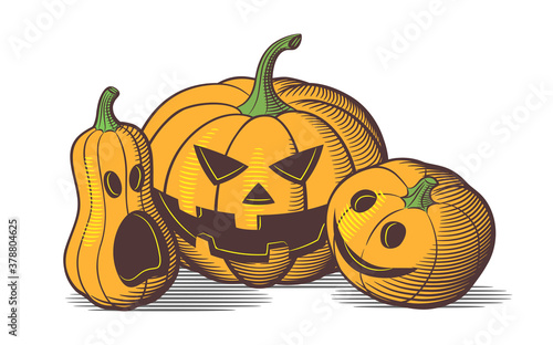 Composition of 3 carved pumpkins for Halloween. Retro style colored vector illustration of jack o lanterns, isolated on white