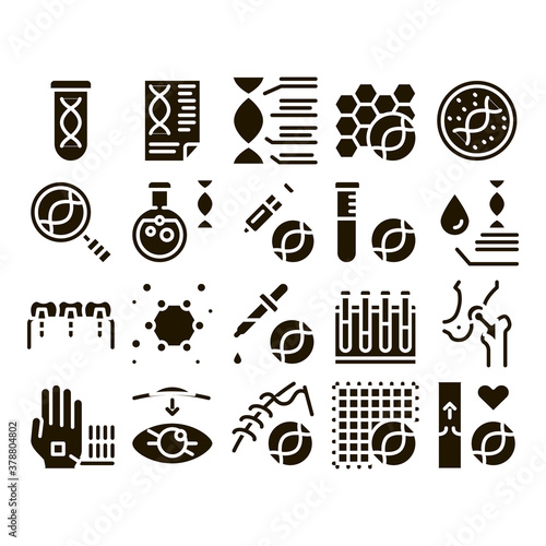 Biomaterials Collection Elements Vector Icons Set Thin Line. Biology And Science Flasks, Bioengineering, Dna And Medicine Vaccine Biomaterials Glyph Pictograms Black Illustrations