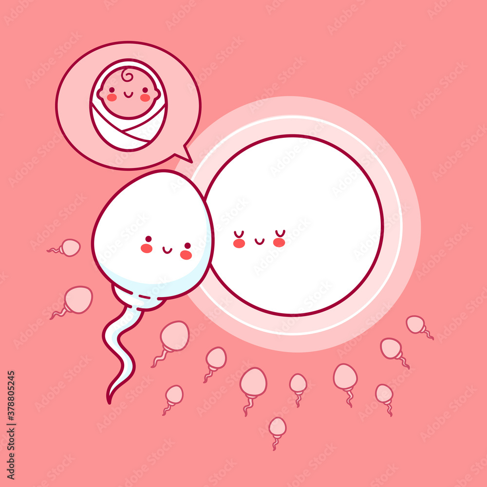 Cute happy funny sperm cell,ovum and baby