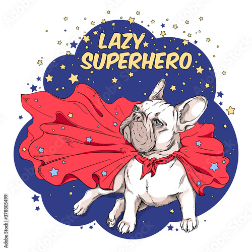 Cartoon french bulldog in a superhero cape. Lazy superhero. Stylish image for printing on any surface