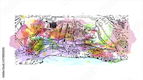 Building view with landmark of Banja Luka is the second largest city in Bosnia and Herzegovina. Watercolor splash with hand drawn sketch illustration in vector.