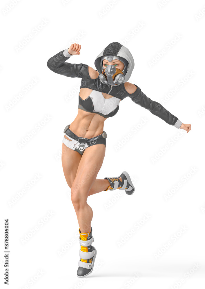 muscular woman in a cyberpunk suit running very fast muscular woman in a cyberpunk suit running very fast