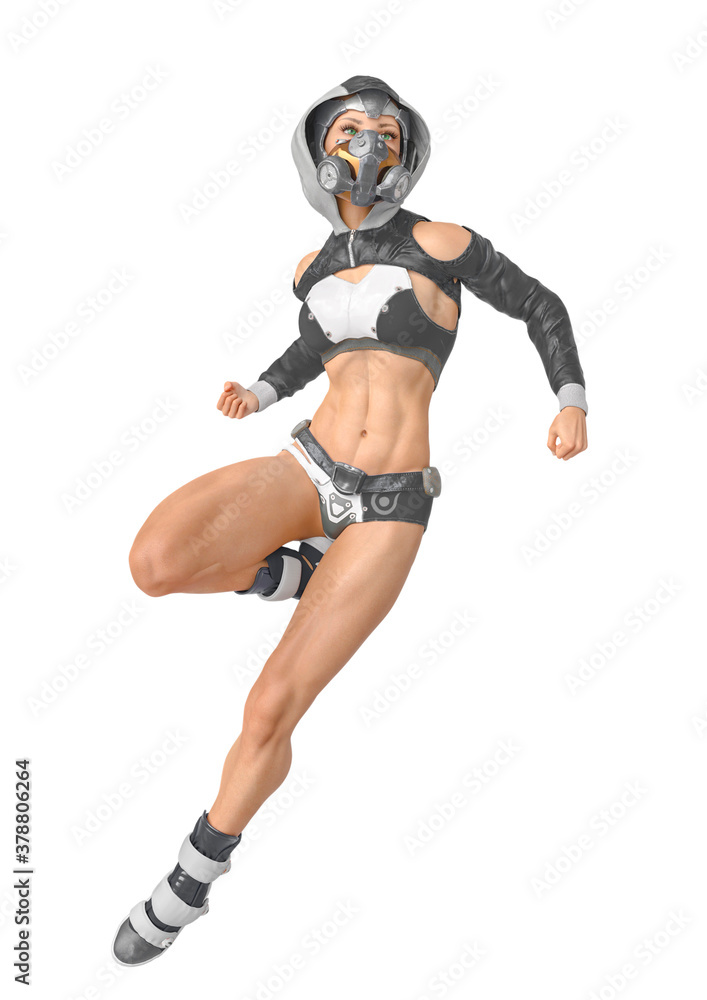 muscular woman in a cyberpunk suit in comic action pose muscular woman in a cyberpunk suit in comic action pose