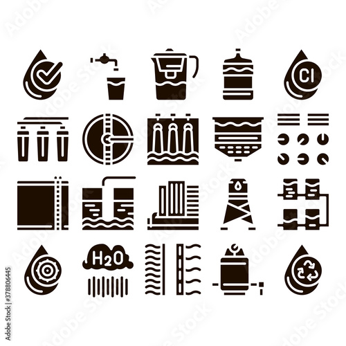 Water Treatment Items Glyph Icons Set Vector. Filter And Cleaning System Water Treatment Elements From Microbe Germs Pictograms. Rain Cloud And Pump Station Glyph Pictograms Black Illustrations