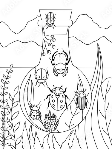 Obraz na plátně Coloring page. Bottle and bugs.