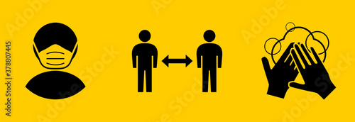 Set of Measure or Instruction Icons against the Spread of Coronavirus Covid-19, including Wear Face Masks, Keep Your Distance and Wash Your Hands. Vector Image.
