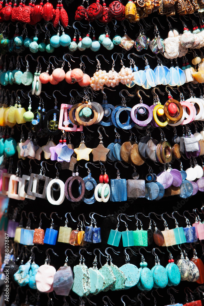 Assorted earring at a market stall, Chinatown, San Francisco, California, USA