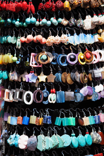 Assorted earring at a market stall, Chinatown, San Francisco, California, USA