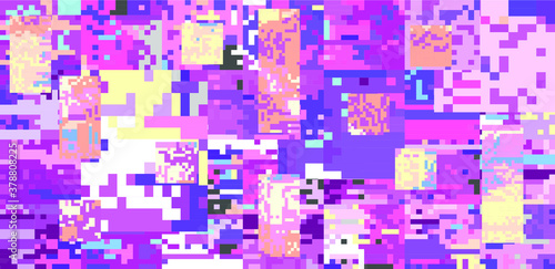 Glitch datamoshing camera effect. Retro VHS pink background like in old video tape rewind or no signal TV screen. Vaporwave and retrowave style vector illustration.