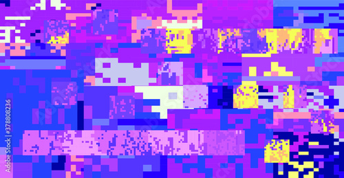 Glitch datamoshing camera effect. Retro VHS pink background like in old video tape rewind or no signal TV screen. Vaporwave and retrowave style vector illustration.
