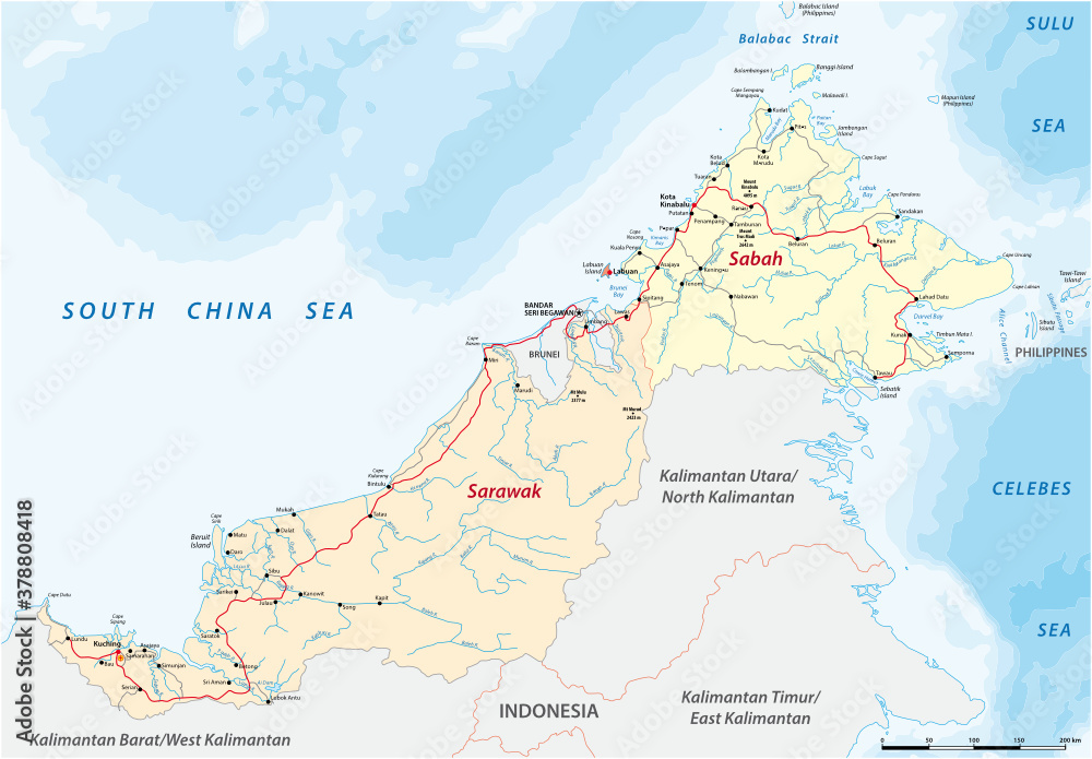 Fototapeta vector road map of the Malaysian states of Sarawak and Sabah on the island of Borneo, Malaysia