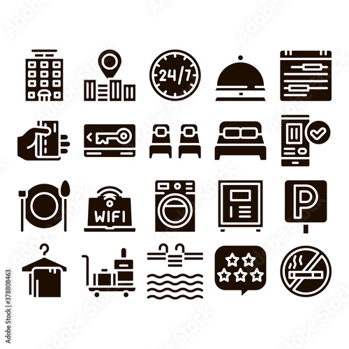 Hostel Elements Vector Sign Icons Set. Building Hostel And Location, Calendar And Parking Symbol, Bed And Laundry Machine Pictograms. Wifi Internet Glyph Pictograms Black Illustrations