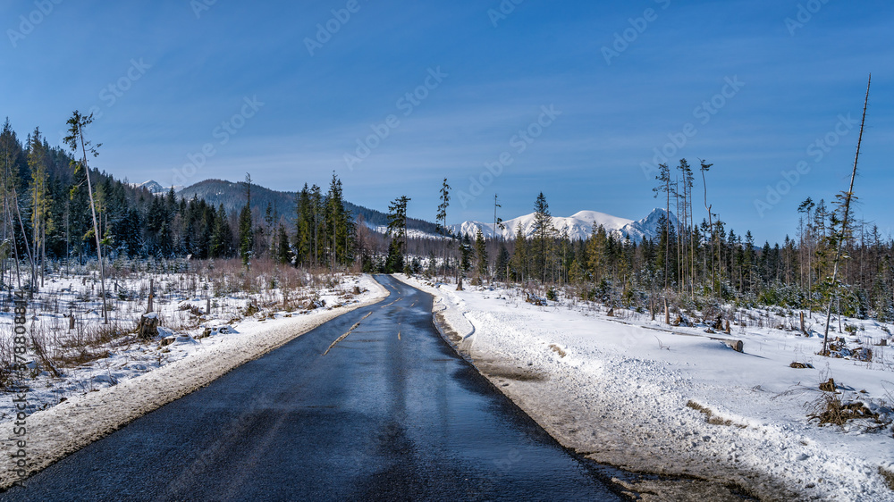 Black asphalt road surrounded by snow and forest leading to the snow capped Tatra Mountains range in winter, Bukowina Tatrzanska, Poland