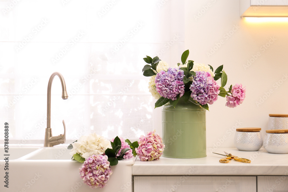 Bouquet with beautiful hydrangea flowers in can and scissors on light countertop