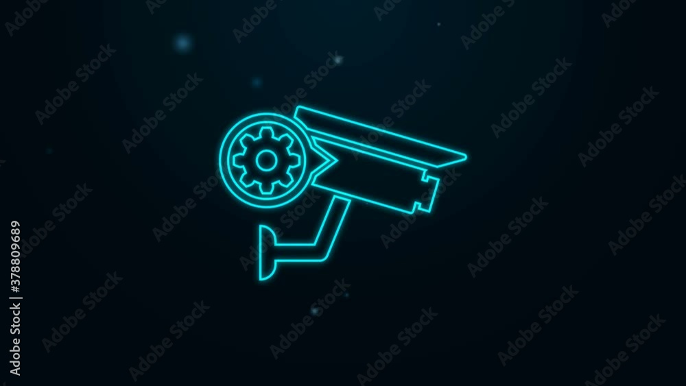 Glowing neon line Security camera and gear icon isolated on black background. Adjusting app, service concept, setting options, maintenance, repair, fixing. 4K Video motion graphic animation. Glowing neon line Security camera and gear icon isolated on black background. Adjusting app, service concept, setting options, maintenance, repair, fixing. 4K Video motion graphic animation.
