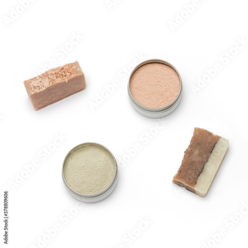 Background with ingredients for the production of cosmetics. Green and pink clays, handmade soap. Natural cosmetics concept. photo