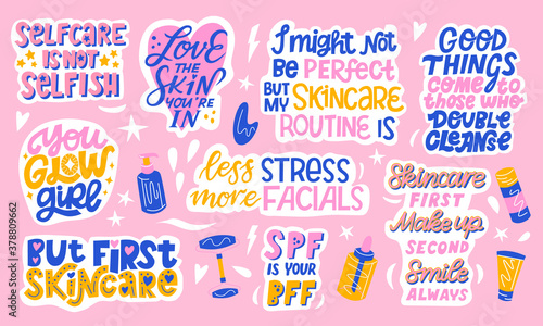 Big set of skin care lettering quotes with cosmetics and beauty product elements in the background. Hand drawn flat collection of stickers about beauty, self love, make up, face care and skin routine.