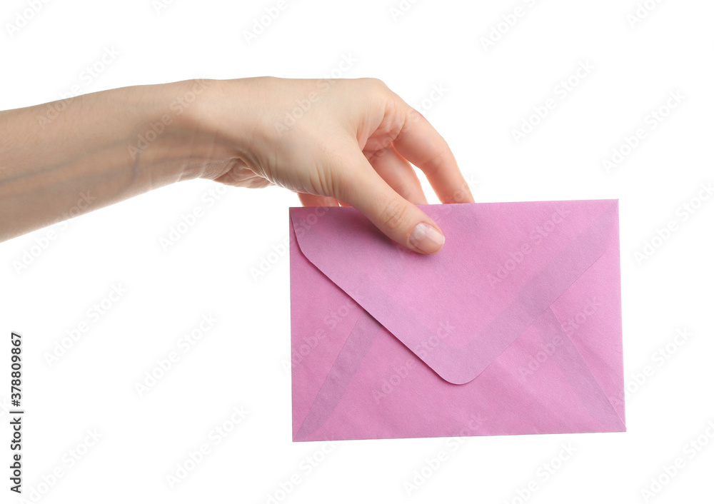 Woman holding pink paper envelope on white background, closeup Woman holding pink paper envelope on white background, closeup