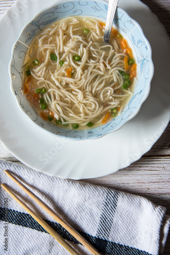 Top view close up Tibetan delicacy thupka noodle soup photo