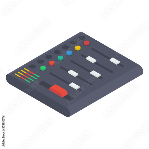 
Audio mixer panel, icon of audio controller device in isometric design 
