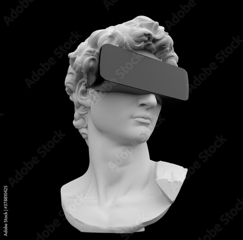 Postmodern style illustration from 3D rendering of classical head sculpture with VR visor headset. photo
