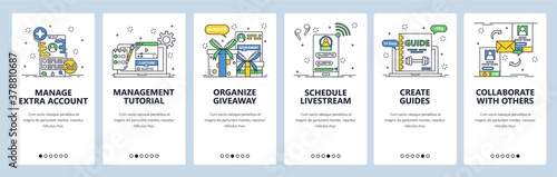 Business project management tools. Mobile app onboarding screens, vector website banner template