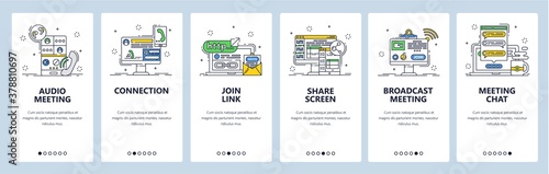 Remote team meeting chat, audio conferencing. Mobile app onboarding screens, vector website banner template