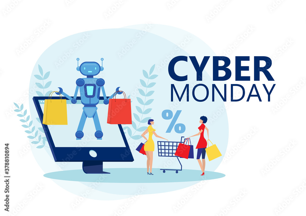 robot holding shop bag on laptop for offer big sale on Cyber Monday online shopping concept. flat illustration