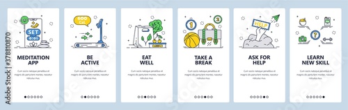Mental health tips to deal with stress. Mobile app onboarding screens, vector website banner template