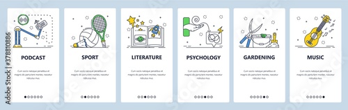 Sport, literature, music podcasts. Mobile app onboarding screens, vector website banner template