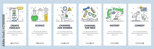 Create podcasts. Channels for women and men. Mobile app screens, vector website banner template