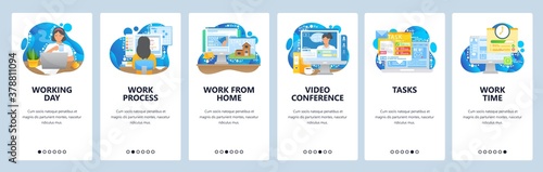 Work from home. Video conference technology. Tasks, working day. Mobile app screens, vector website banner template.