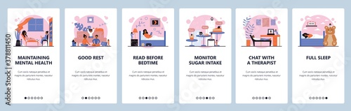 Mental health maintaining tips. Good rest, sleep, psychology therapy. Mobile app screens, vector website banner template