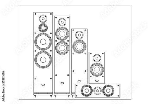 Sound shop. Front speaker. Acoustic system. Outline vector image for illustrations and infographics.