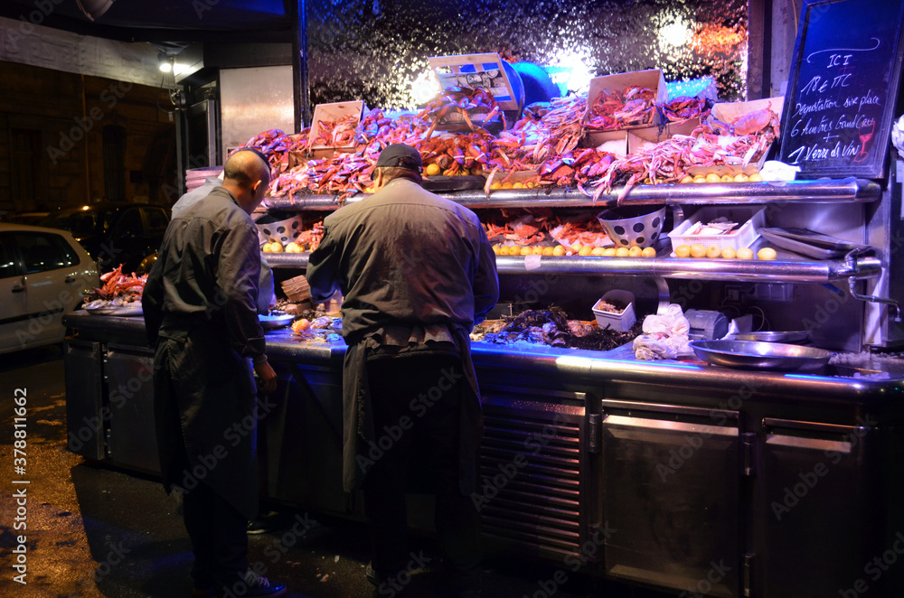 Paris, France - Seafood Street Vendor at Night