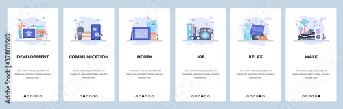 Education online, self development, communication, work, rest, hobby. Mobile app screens, vector website banner template