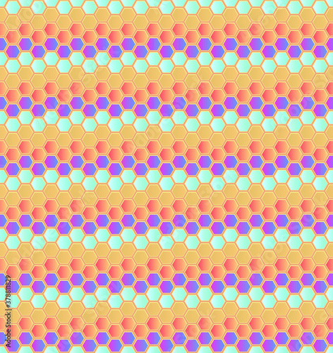 Seamless vector pattern of gradient honeycomb mosaic. Geometric design. Blue and orange hexagon tiles background. Print for wrapping, web backgrounds, fabric, decor, surface, scrapbooking, etc.