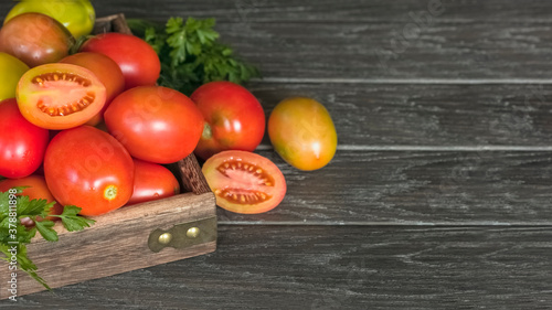 fresh ripe tomatoes and sprigs of greenery in a wooden crate on a wooden background close-up. background with red and yellow tomatoes and greens.