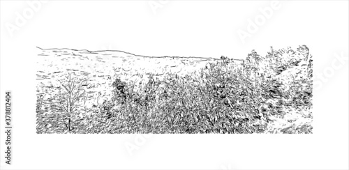 Building view with landmark of Banjaluka is the second largest city in Bosnia. Hand drawn sketch illustration in vector.